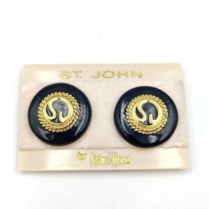 Vintage St John For Neiman Marcus Logo Gold Tone Black Enamel Clip On Earrings